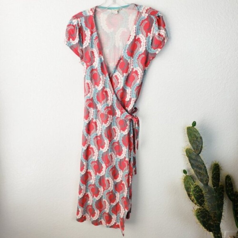 BODEN Summer Wrap Tie Dress Aqua Blue Coral Acanthus Leaf Print size 4 L (Tall)